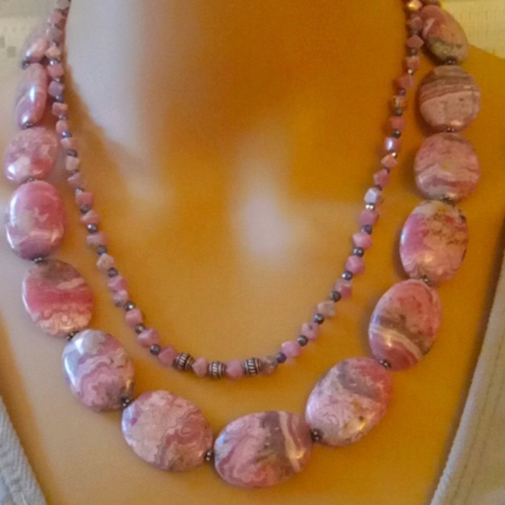 Layered Rhodochrasite and silver necklace